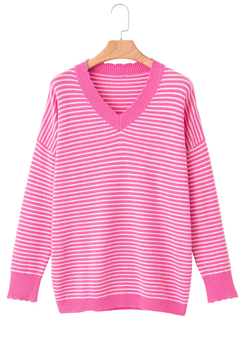 Pink Striped Scallop V Neck Loose Sweater with Slits