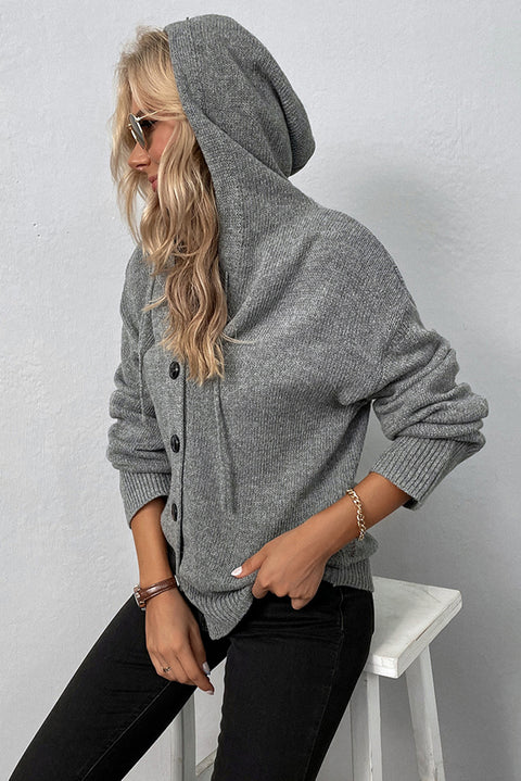 Medium Grey Drawstring Hooded Button Up Drop Shoulder Sweater Cardigan