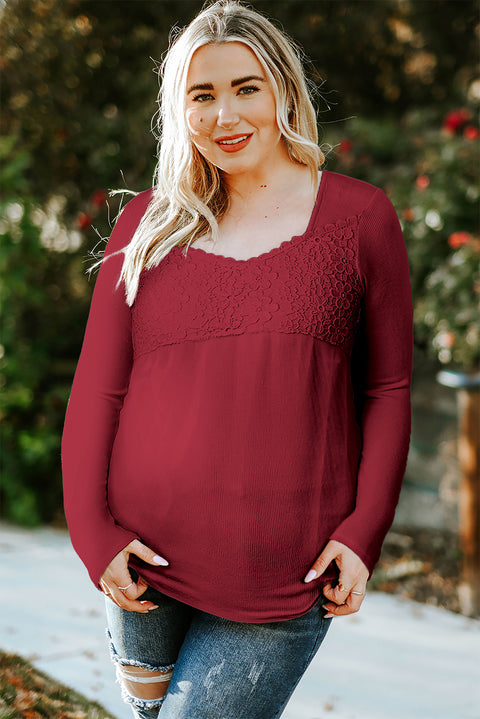 Beige Lace Crochet V Neck Long Sleeve Top