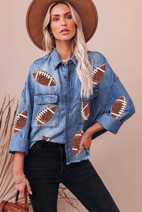 Sky Blue Sequin Rugby Graphic Flap Pockets Raw Hem Game Day Denim Jacket