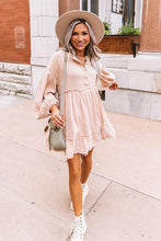 Oatmeal Crinkle Distressed Puff Sleeve Flared Dress