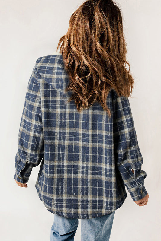 Blue Plaid Pattern Sherpa Lined Hooded Shacket