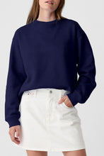 Navy Blue Solid Fleece Lined Drop Shoulder Terry Sweatshirt