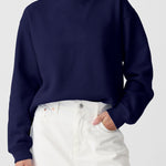 Navy Blue Solid Fleece Lined Drop Shoulder Terry Sweatshirt