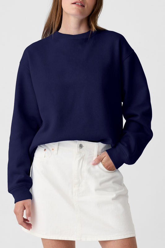 Navy Blue Solid Fleece Lined Drop Shoulder Terry Sweatshirt