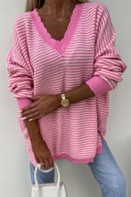 Pink Striped Scallop V Neck Loose Sweater with Slits