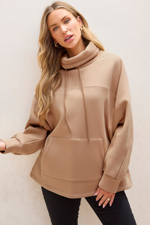 Light French Beige Drawstring Turtleneck Dolman Sleeve Sweatshirt