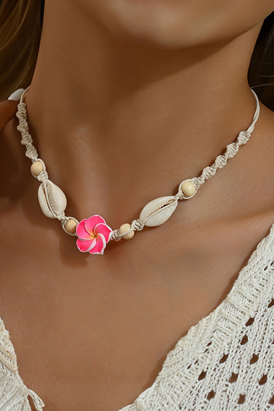 Rose Red Flower Seashell Braided Choker Necklace