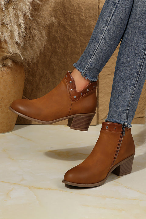 Chestnut Studded Faux Leather Chunky Heel Ankle Boots