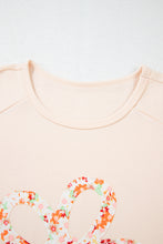 Beige Plus Size Flower Patched Side Slits Crewneck Top