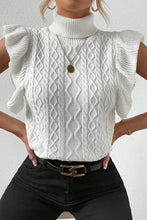 White Turtle Neck Short Sleeve Cable Knit Ruffled Sweater