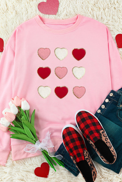 Pink Glitter Chenille Heart Patch Valentines Sweatshirt