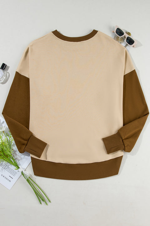 Apricot Color Block Thumbhole Sleeve Drop Shoulder Sweatshirt