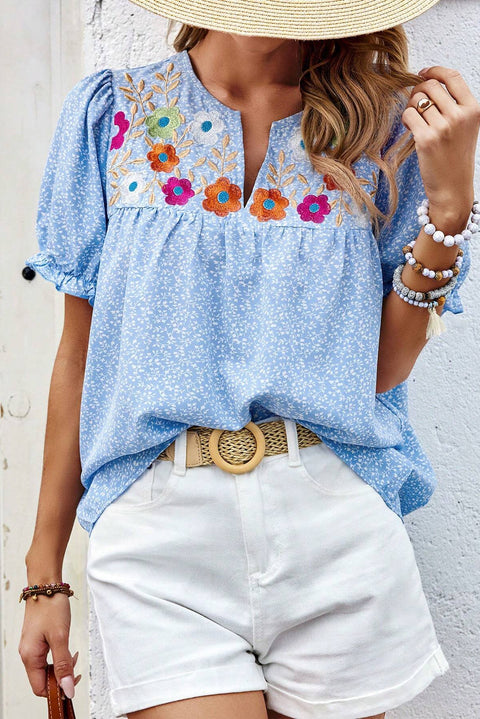 Sky Blue Floral Embroidered Puff Sleeve Notched V Neck Blouse