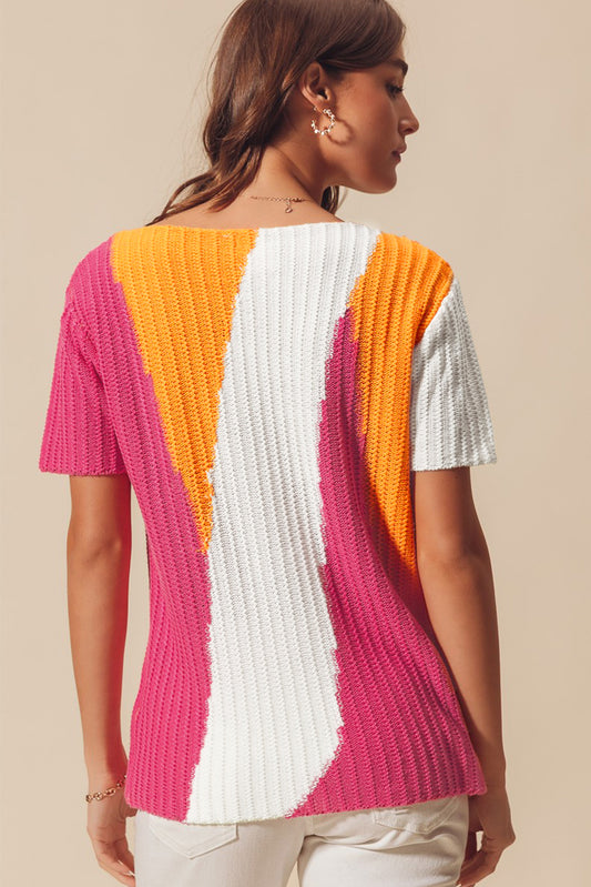 Orange Textured Knit Colorblock Short Sleeve Sweater