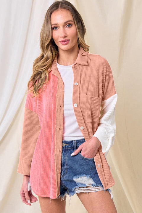 Pink Ribbed Colorblock Drop Shoulder Shirt with Pocket