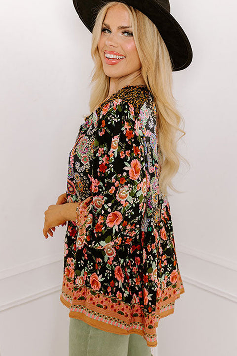 Black Plus Size Paisley Floral Print V Neck Bubble Sleeve Blouse