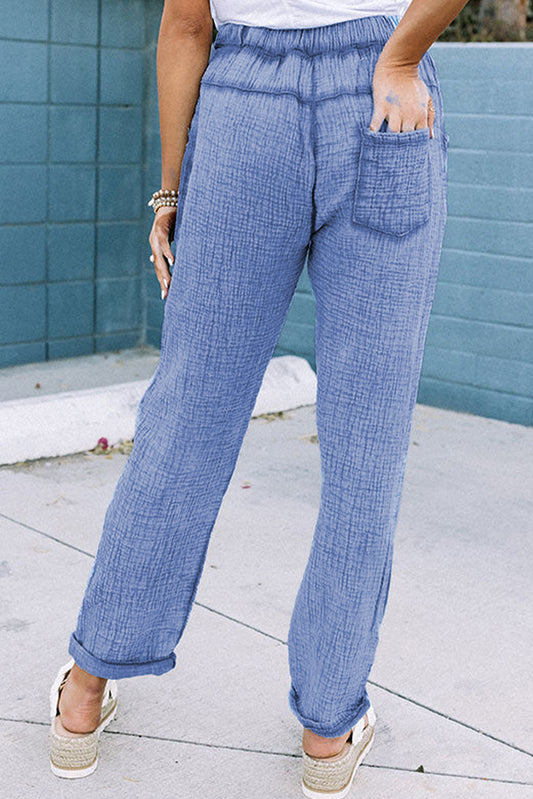 Sky Blue Washed Textured Drawstring Waist Straight Leg Pants