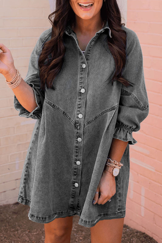 Gray Buttoned Long Sleeve Denim Mini Dress