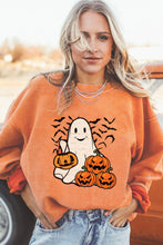 Orange Halloween Ghost Pumpkin Bat Print Corded Pullover Sweatshirt