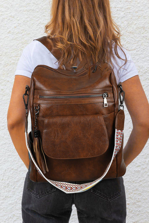 Dark Brown Tassel Decor Retro PU Large Capacity Backpack