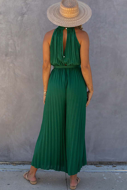 Halter Neck Pleated Wide Leg Jumpsuit with Belt