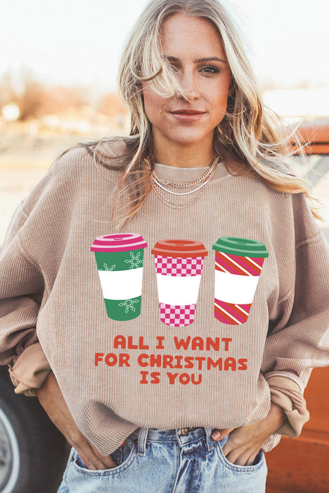 Apricot All I Want For Christmas Is You Ribbed Pullover Sweatshirt