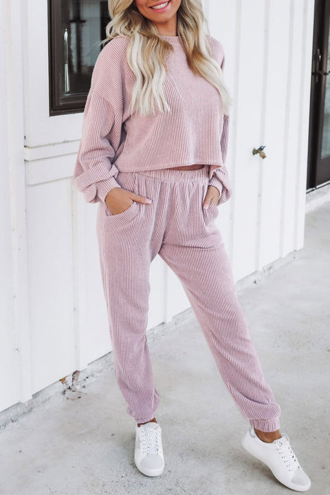 Apricot Powder Ribbed Two Piece Pullover and Joggers Lounge Set