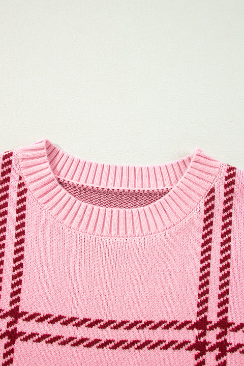 Pink Plaid Pattern Knitted Drop Shoulder Sweater