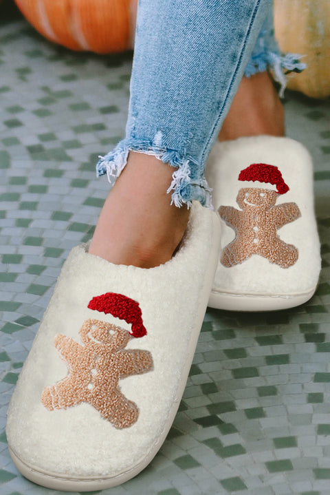 White Christmas Gingerbread Man Plush Home Slippers