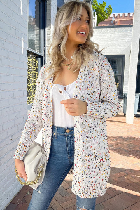 White Multicolor Dotted Rib Knit Long Sleeve Cardigan