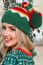 Blackish Green Christmas Color Block Pom Pom Knitted Hat