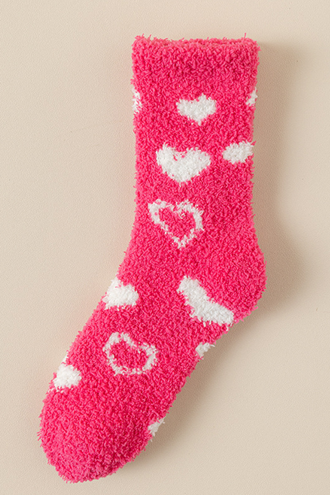 Strawberry Pink Heart Shape Print Coral Fleece Thick Crew Socks