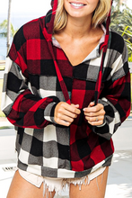 Multicolor Contrast Color Plaid Drawstring V Neck Hoodie