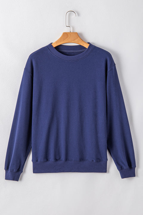 Navy Blue Plain Drop Shoulder Crewneck Pullover Sweatshirt