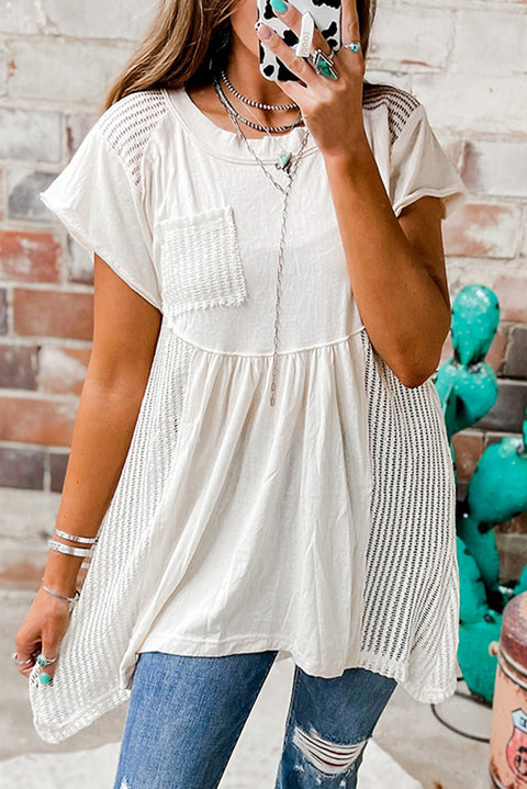 White Hollow Knit Splicing Keyhole Back Tunic Top