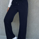 Navy Blue Solid Color Fleece Lined Drawstring Waist Casual Pants