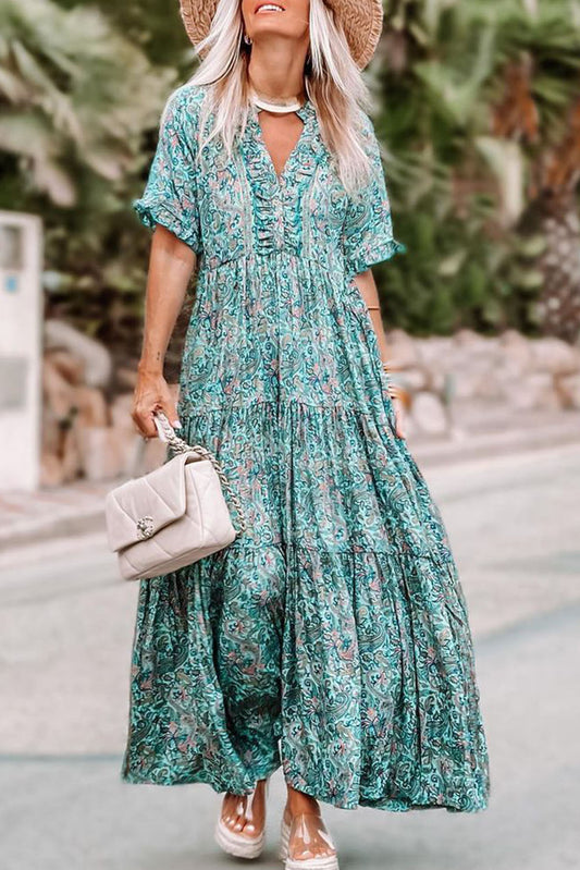 Paisley Print Boho Holiday Ruffle Tiered Maxi Dress