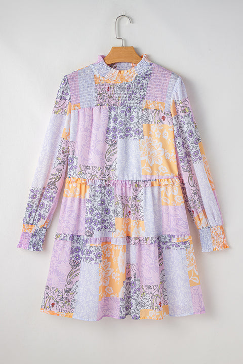 Multicolour Floral Smocked Mock Neck Ruffled Tiered Bubble Sleeve Dress