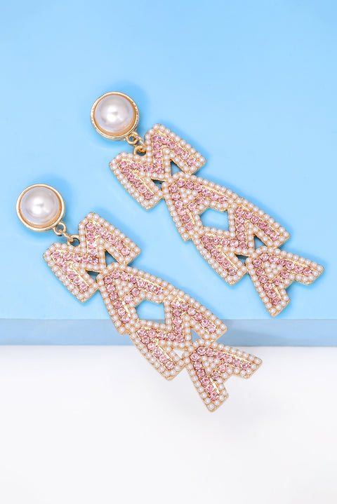 Apricot Pink MAMA Rhinestone Pearl Dangle Stud Earrings