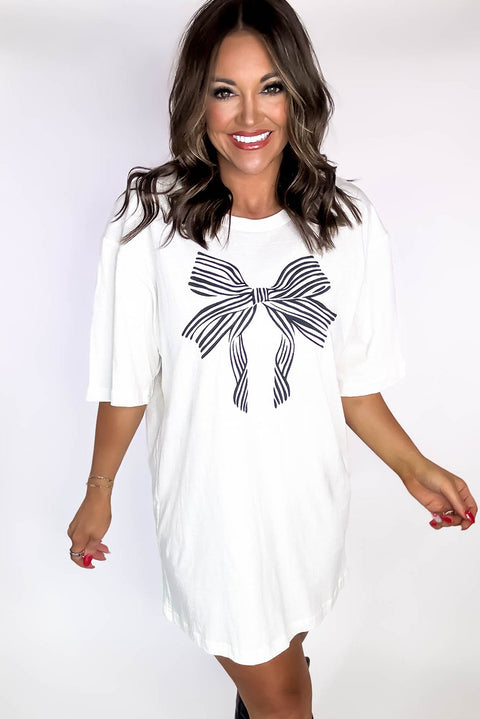 White Striped Bow Knot Half Sleeve Tunic T Shirt