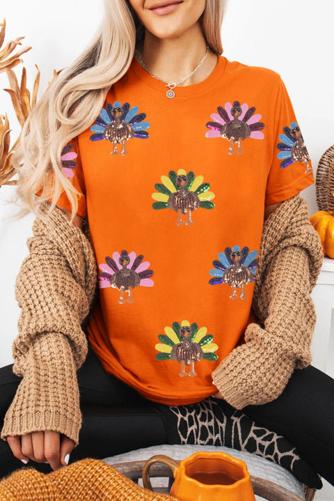 Orange Colorful Sequin Turkey Thanksgiving Graphic Tee