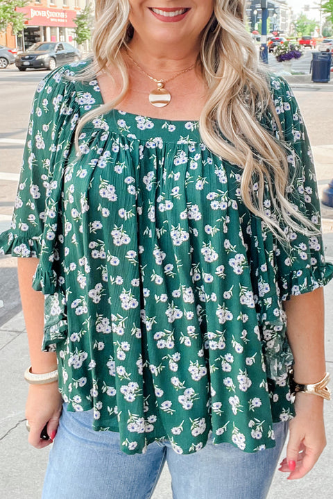 Green Floral Print Square Neck Ruffled Trim Plus Size Blouse