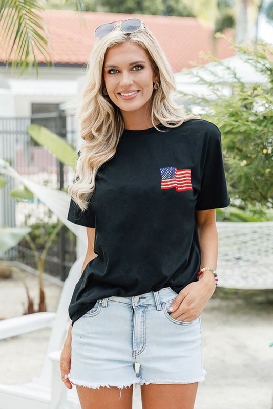 Black American Flag Embroidered Round Neck T Shirt