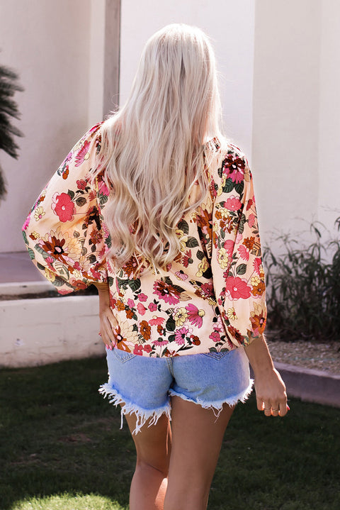 Water Painting Flowers Puff Sleeve Blouse