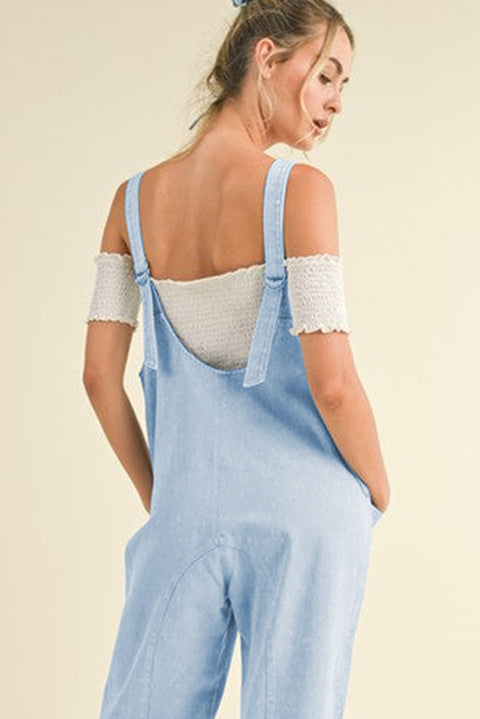 Beau Blue Adjustable Strap V Neck Pocketed Denim Overalls