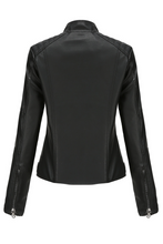 Black Leatherette Button Tab Stand Neck Zip Motor Jacket