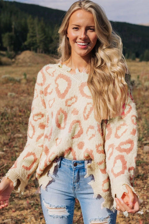 Leopard Animal Print Distressed Trim Fuzzy Sweater