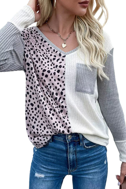 Leopard Patchwork Ribbed Color Block V Neck Top