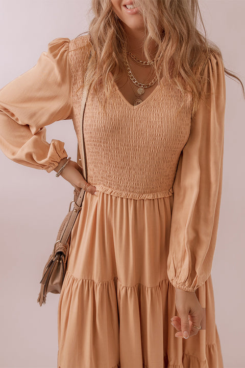 Pale Chestnut Smocked V Neck Long Sleeve Ruffle Dress